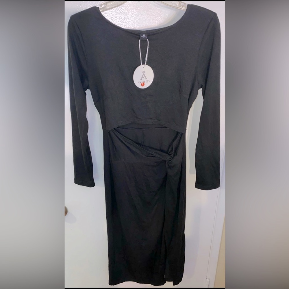 NWT Anrabess Black Long Sleeve Dress Midrift Cut Out Twist Skirt w/Slit - Small